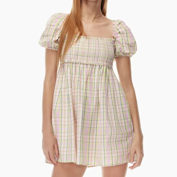 Aritzia Sunday Best Sun Deh Hadley Babydoll Poplin Mini Dress Plaid Lola Lime XS